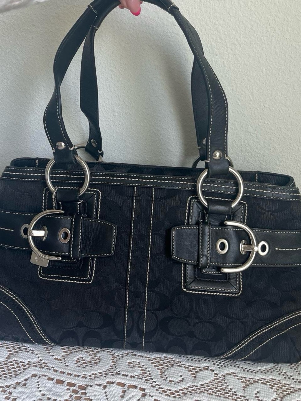 Coach Black Signature Shoulder Tote with Silver Hardware